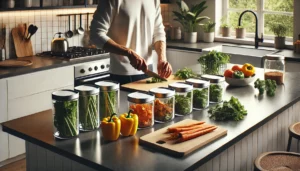 Person chopping fresh vegetables in a clean, modern kitchen while prepping plant-based meals in reusable glass containers on a sleek countertop, emphasizing healthy and budget-friendly cooking.