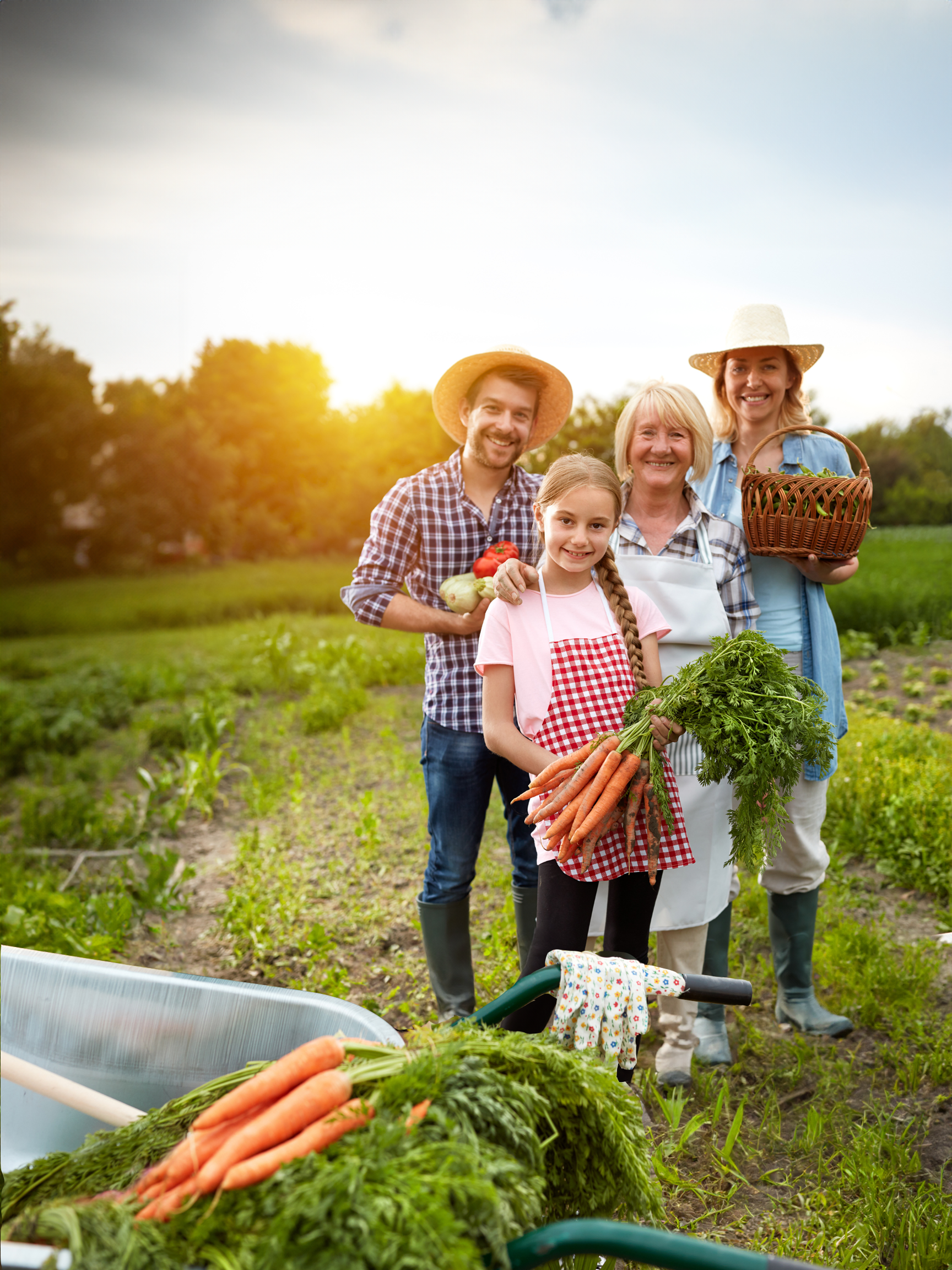 A happy, multi-generational family on a farm, holding freshly harvested vegetables like carrots and peppers. The group includes two women, an older man, and a young girl, all smiling and dressed in casual farming attire. They stand in a lush green field with a wheelbarrow full of fresh carrots in the foreground, representing sustainable farming, organic produce, and family bonding. Ideal for SEO related to farming, gardening, organic food, and family agriculture.