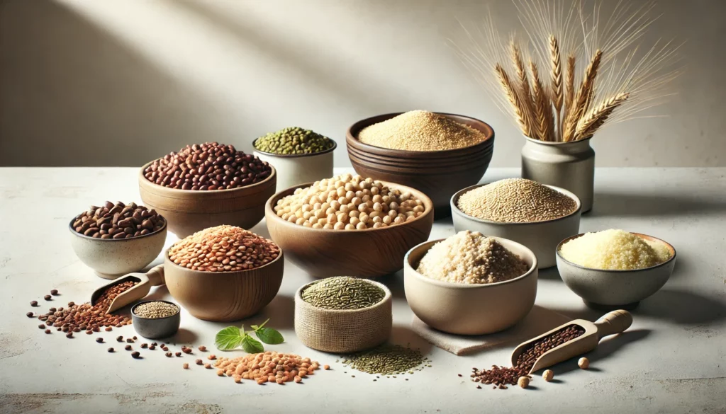 Bowls filled with plant-based protein sources including lentils, quinoa, hemp seeds, and edamame on a modern white table with natural lighting.